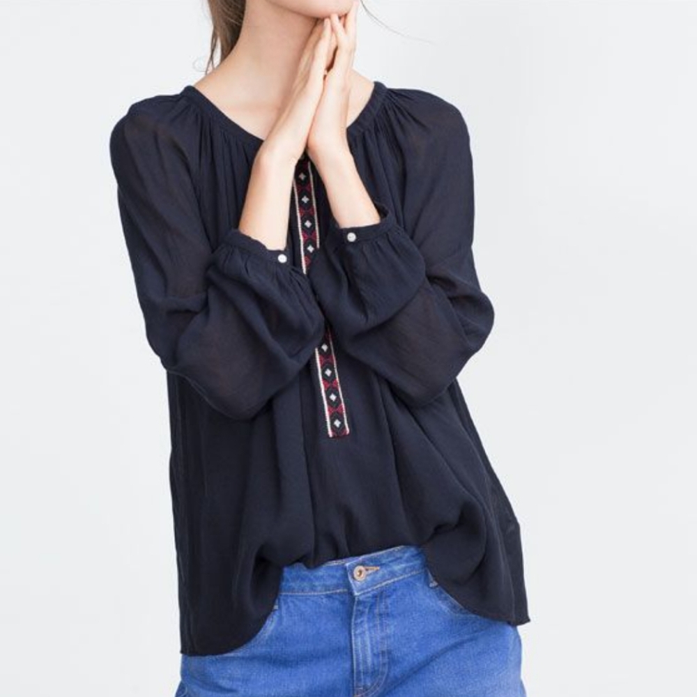 Zara Navy Crepe Long Sleeve Layered Blouse with Embroidered Detailing Size XS